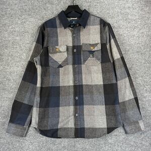 Roark Revival Flannel Shirt Mens L Blue Gray Plaid Wool Blend Elbow Patch